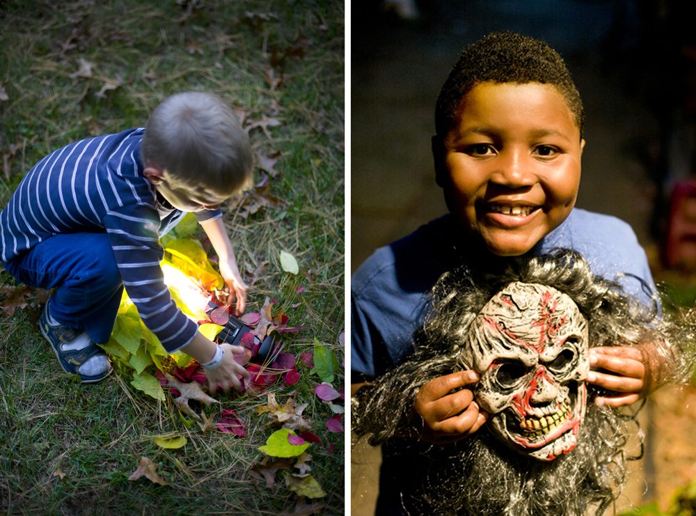 My photo assistant, Alexander, helped me bury the wireless flash in a pile of colored leaves for drama and color. And if you’re ghoul’s face is covered by a costume this year, don’t forget to get a shot of the real monster’s face.